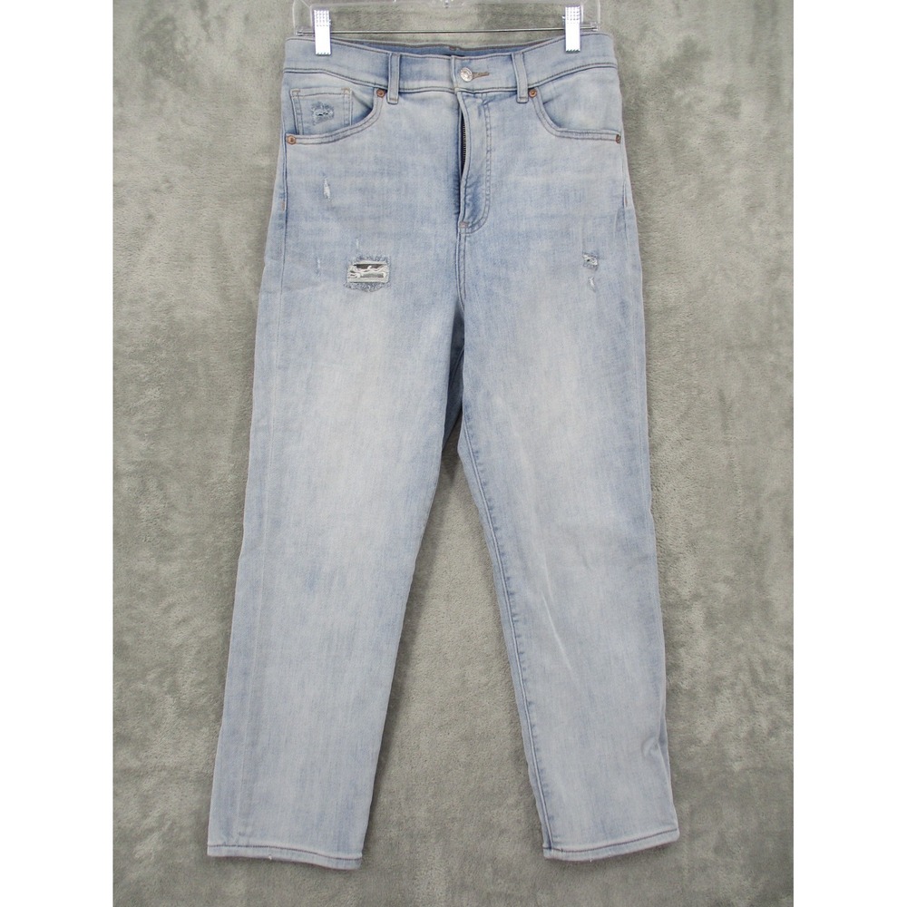 Express Jeans Womens 8 Mom Stretch Denim Light Wash Distressed High Waist Blue